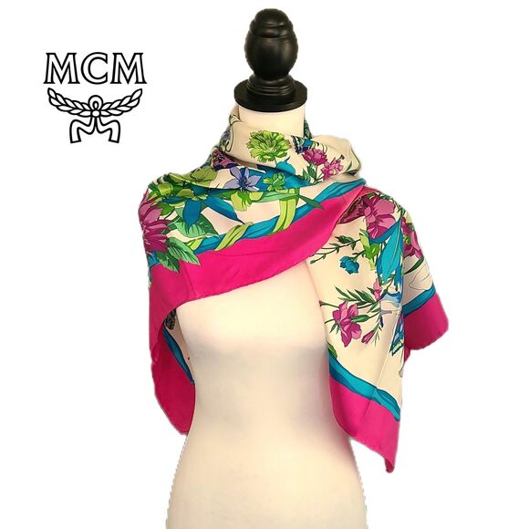 MCM -ONLY ONE- Hot Pink & Blue Floral Butterfly Print 34" 100% Silk Scarf VGUC - Picture 1 of 11